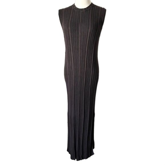 Naadam Striped Ribbed Silk Cashmere Blend Midi Dress Chocolate Brown Size Large - Picture 2 of 6